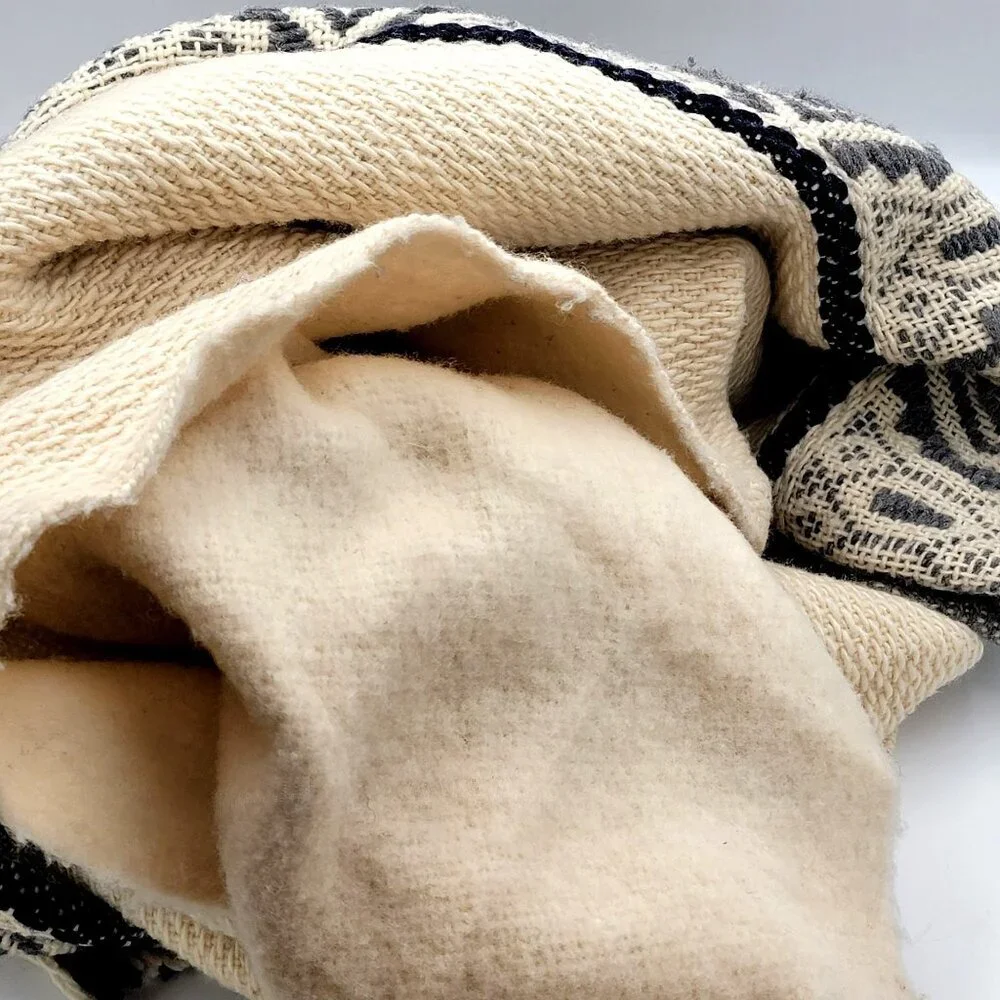 Wool Blend Poncho/Cape Boho With Geometric Pattern Hood & Buttons Beige & Gray - Picture 8 of 14